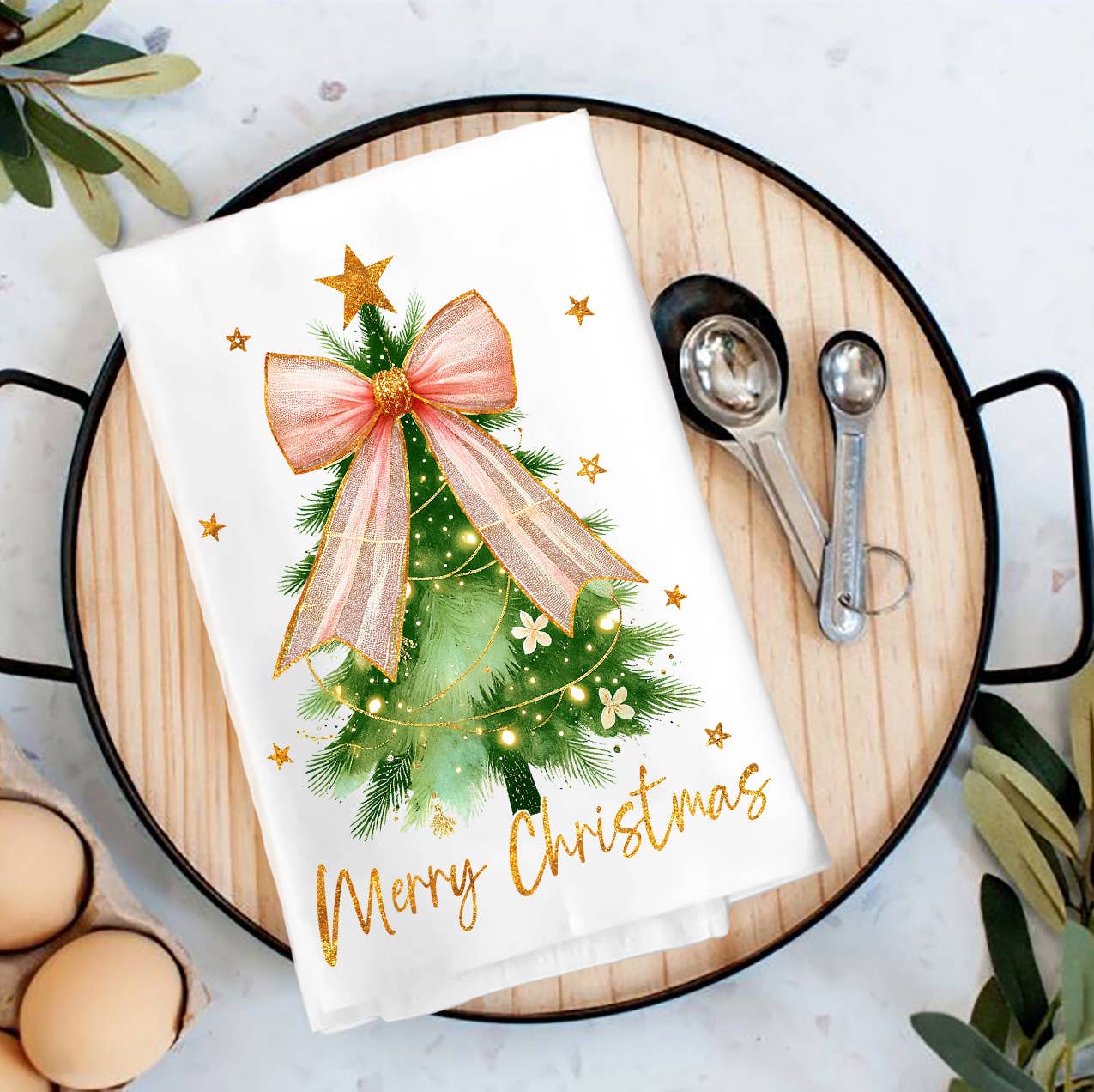 Merry Christmas tree Bow Gold Tea Towel