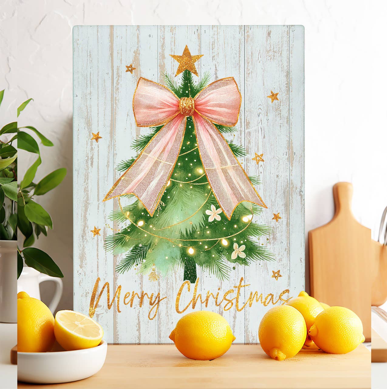 Merry Christmas tree Bow Gold Glass Cutting Board Trivet