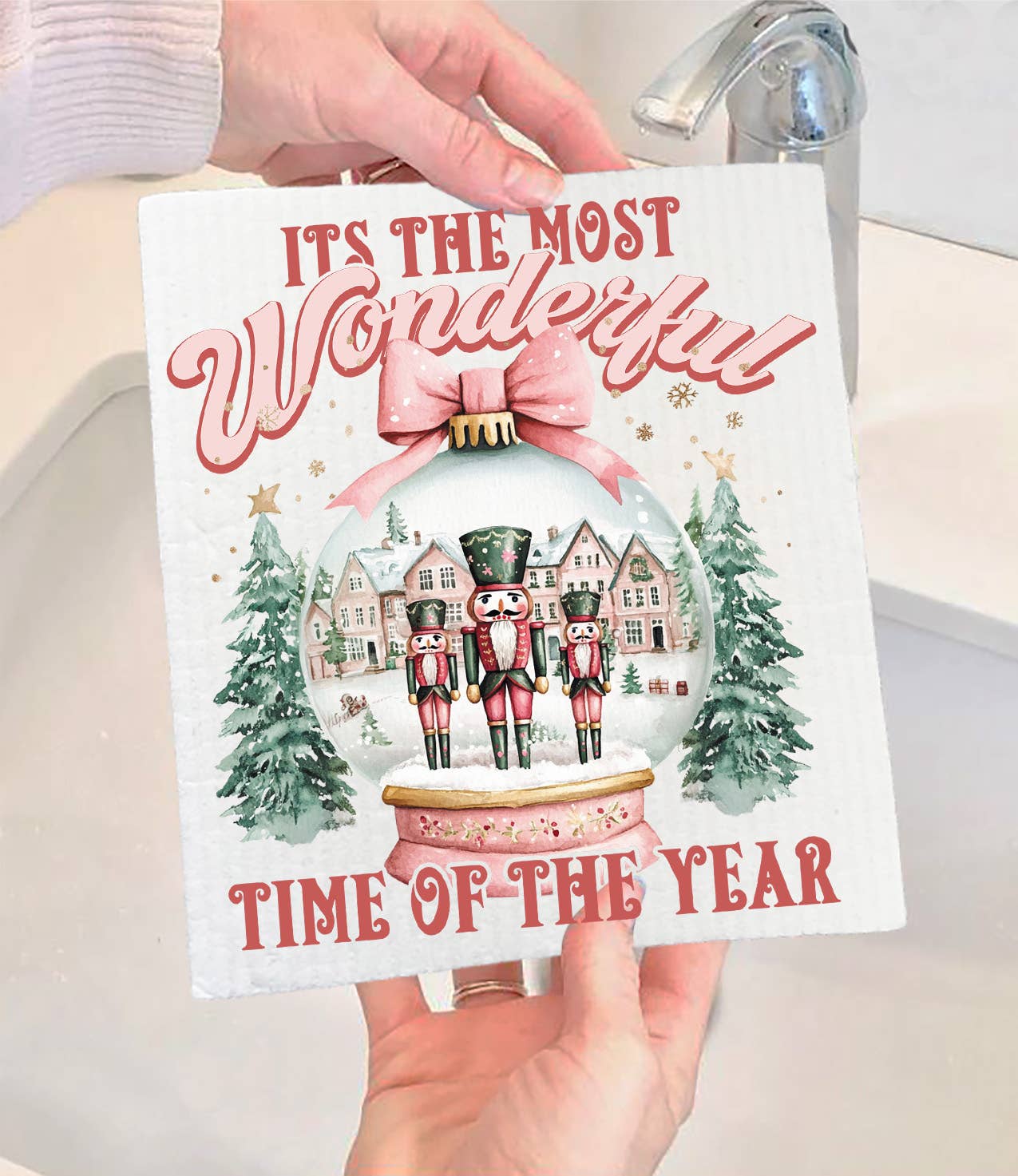 Pink Christmas Nutcracker Snow Globe Swedish Dishcloth