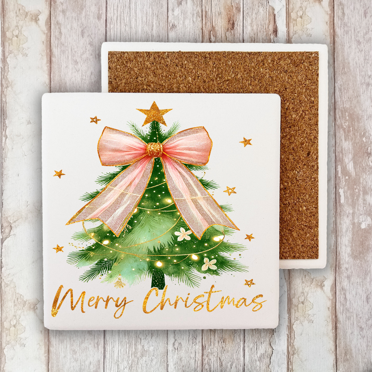 Merry Christmas tree Bow Gold Stone Coaster