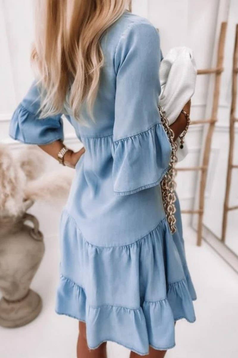 CWDSD6508_V-NECK HALF SLEEVE WASHED DENIM DRESS