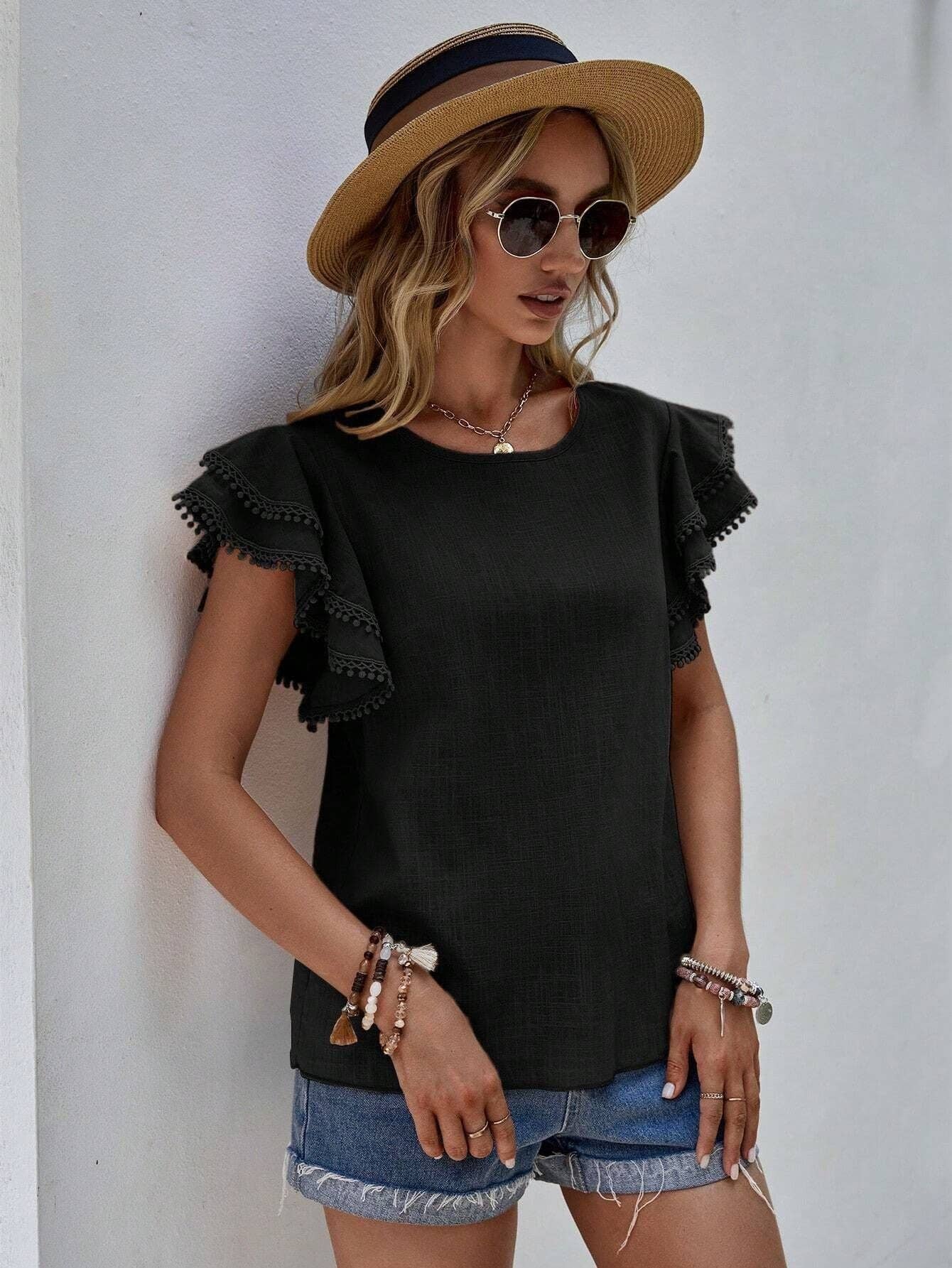 Women's Casual Ruffle Sleeve V-Neck Blouse Soft Cotton Pom Pom Trim Short Sleeve Top