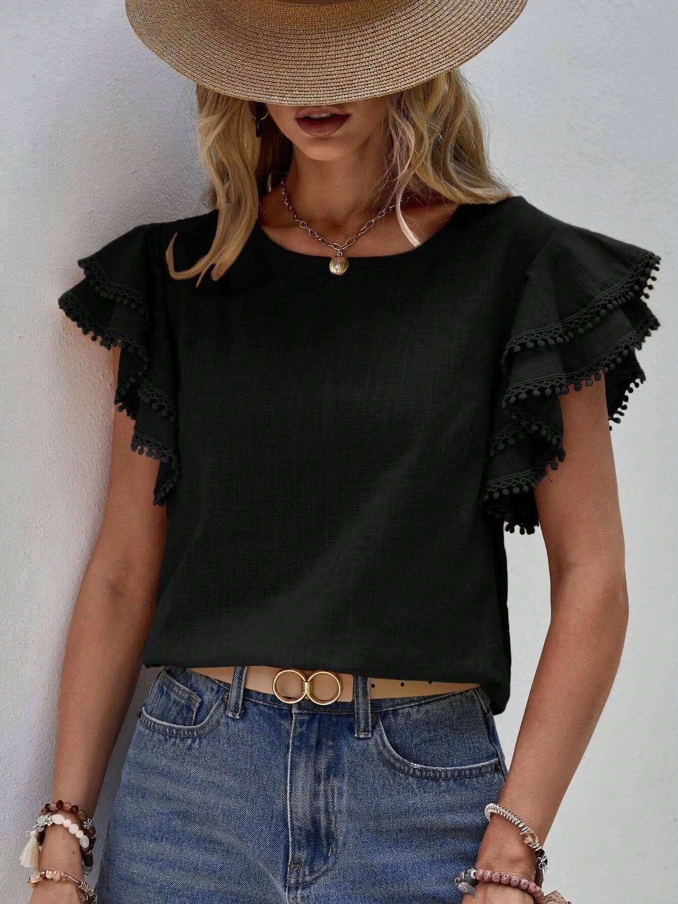 Women's Casual Ruffle Sleeve V-Neck Blouse Soft Cotton Pom Pom Trim Short Sleeve Top