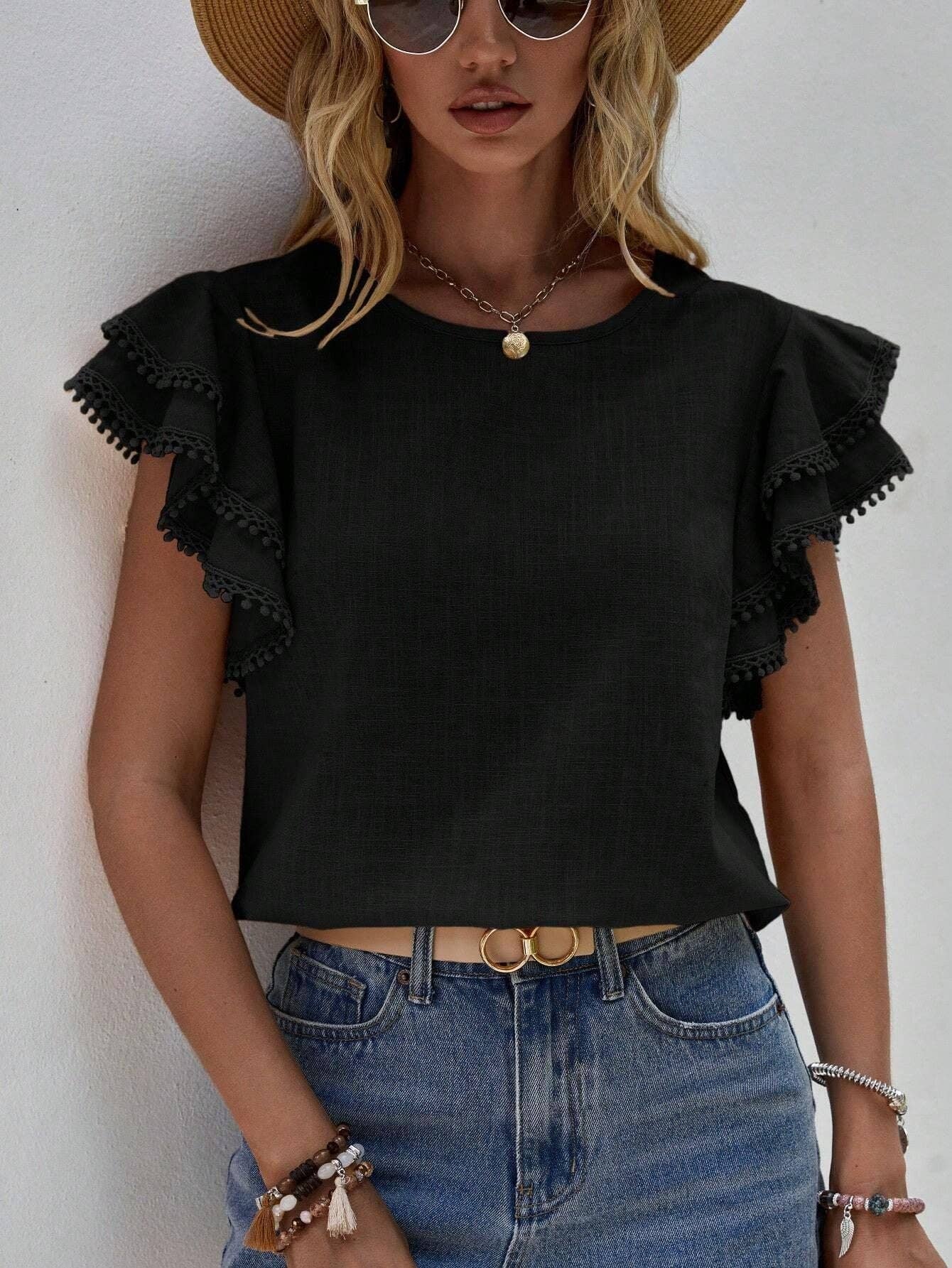 Women's Casual Ruffle Sleeve V-Neck Blouse Soft Cotton Pom Pom Trim Short Sleeve Top