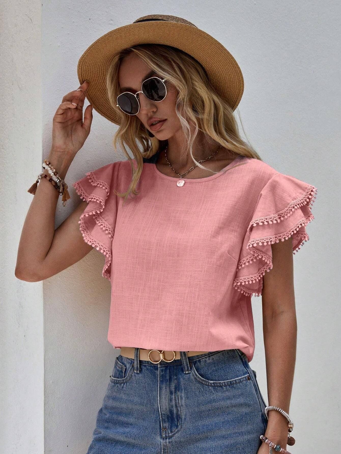 Women's Casual Ruffle Sleeve V-Neck Blouse Soft Cotton Pom Pom Trim Short Sleeve Top