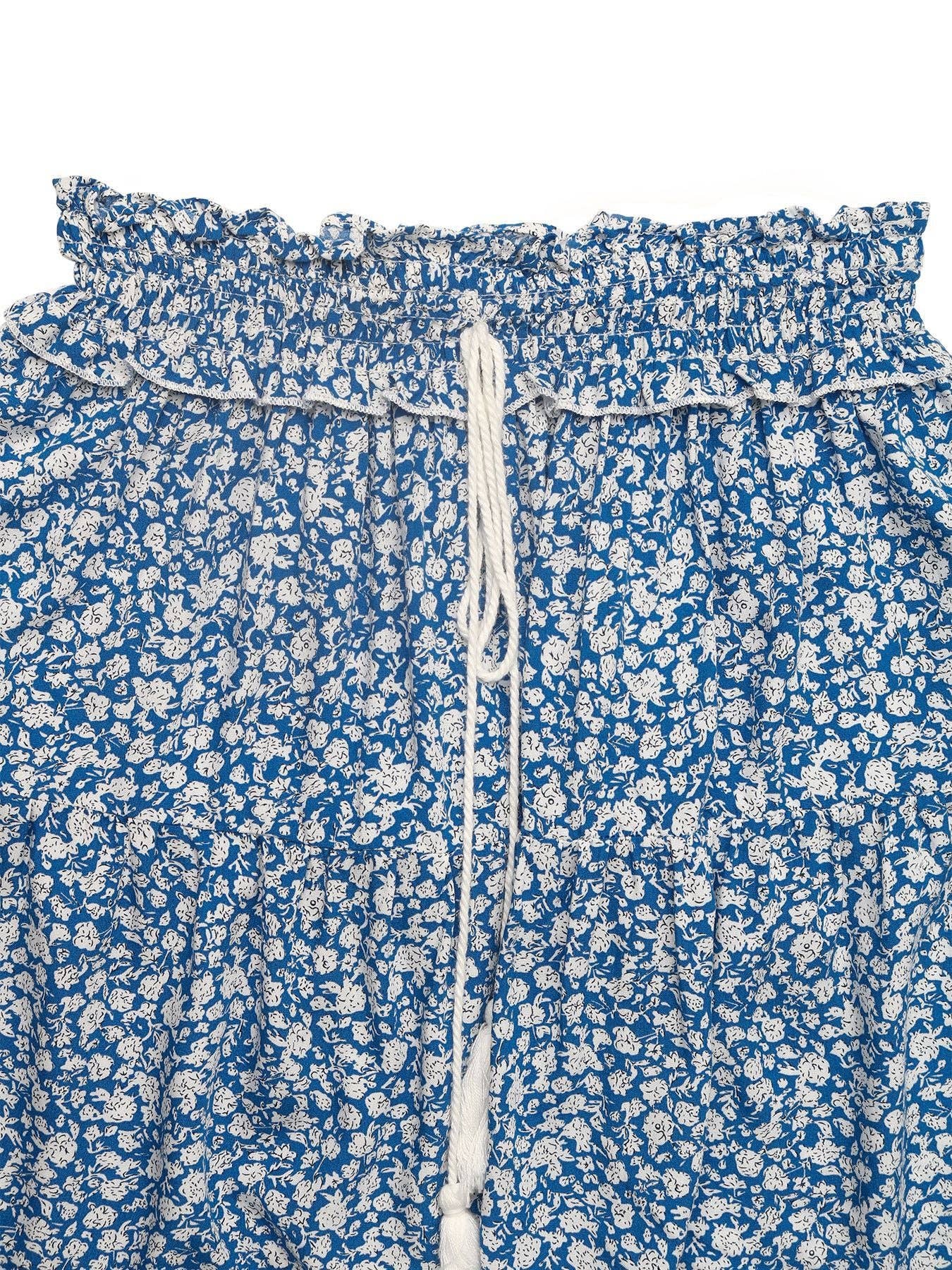 Blue Floral Tassel Tiered Mini Skirt with Drawstring