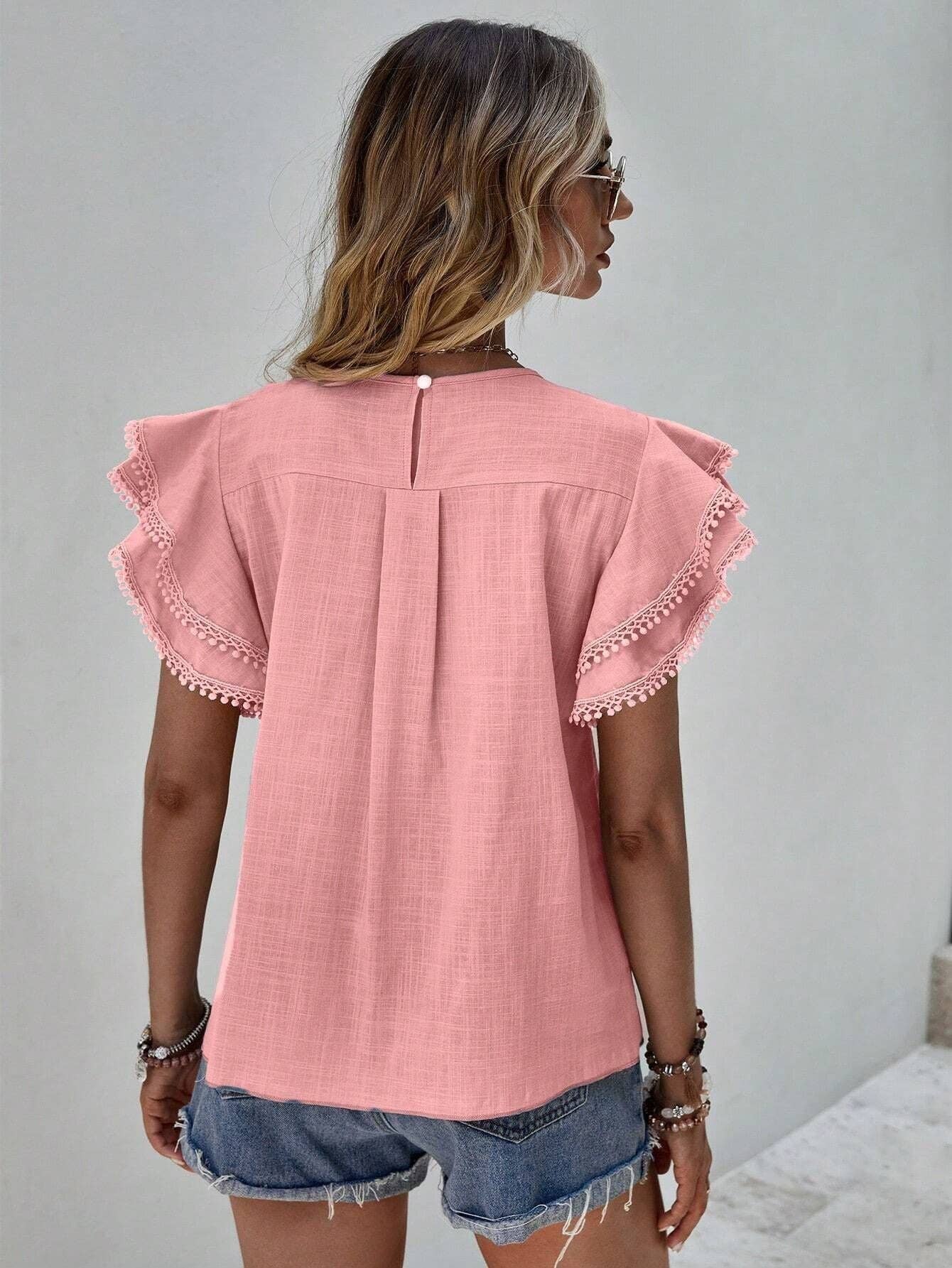 Women's Casual Ruffle Sleeve V-Neck Blouse Soft Cotton Pom Pom Trim Short Sleeve Top