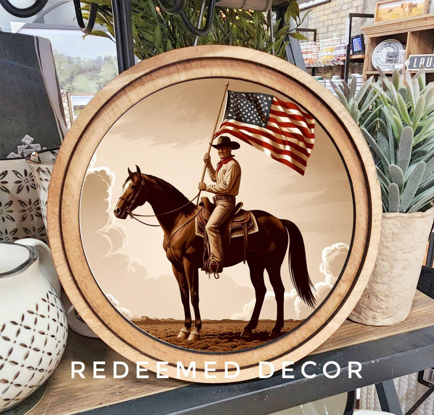 8" Round Patriotic Cowboy Art