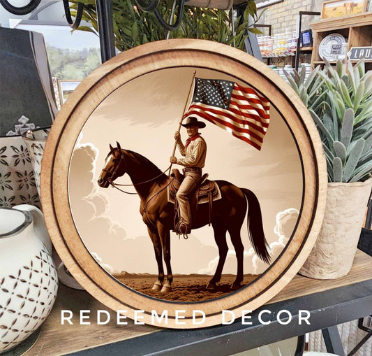 8" Round Patriotic Cowboy Art