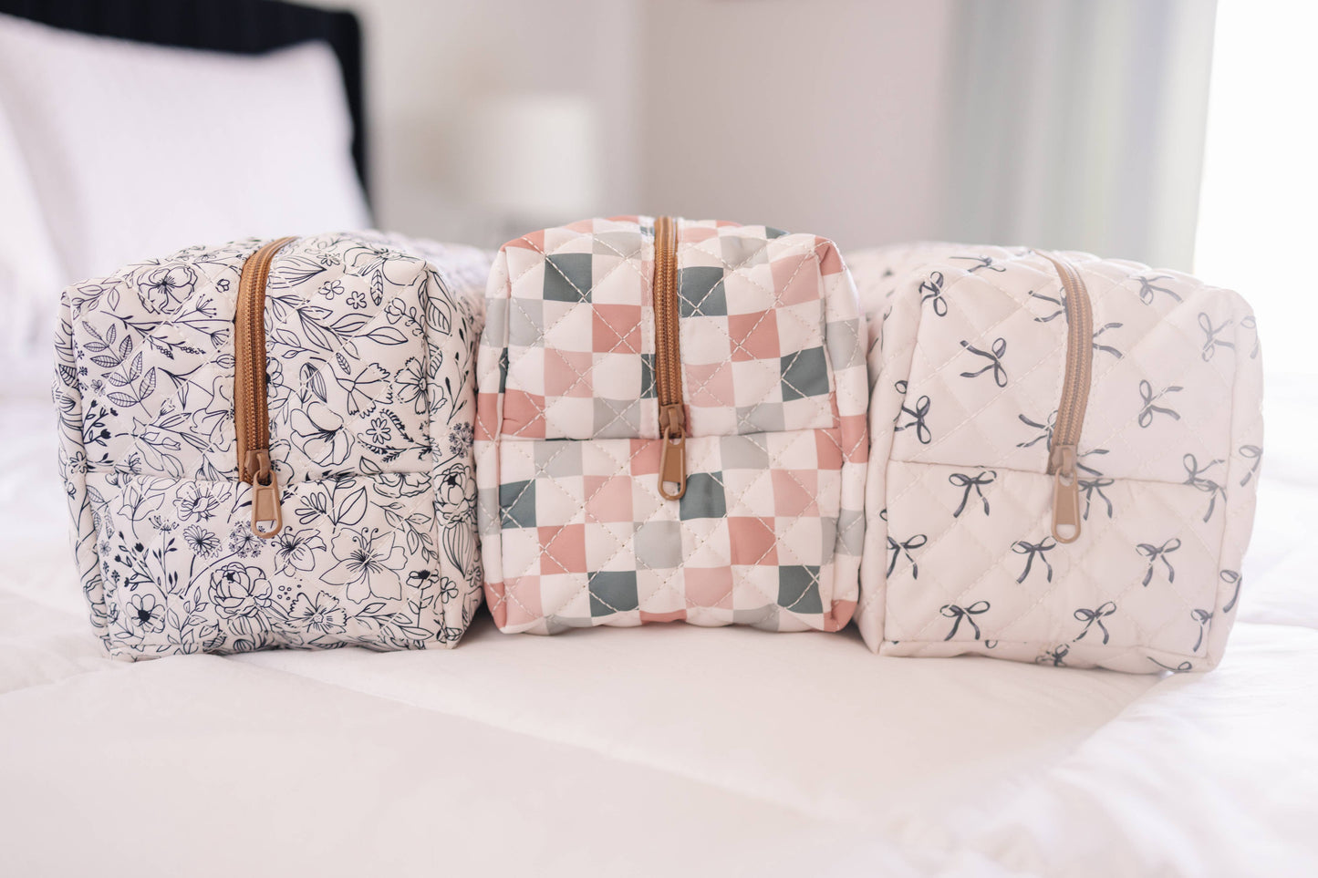 Quilted Carry All Pouch for Women – Large Makeup Organizer Bag, Stand Up Toiletry Case, Wide Zipper Opening, Cute Travel Pouch