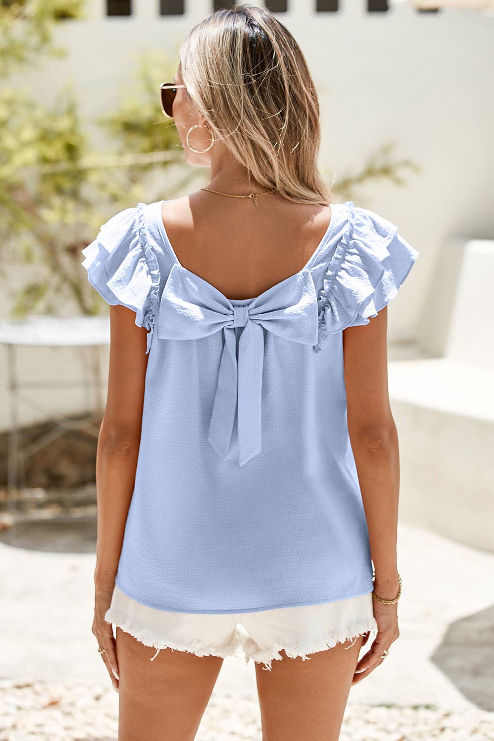 LDC Textured Bow Knot Frilled Butterfly Sleeve Blouse