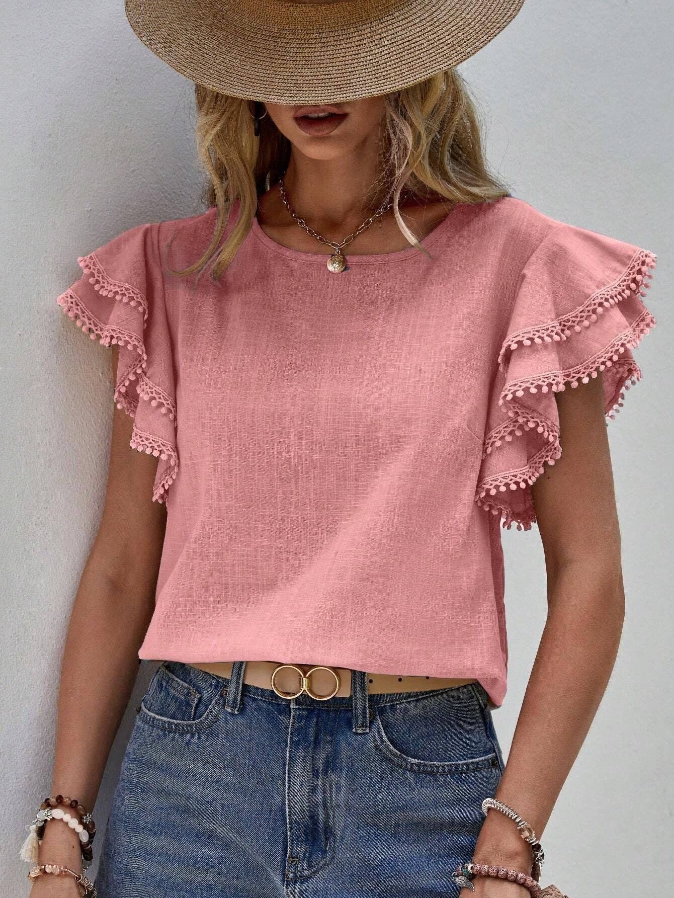 Women's Casual Ruffle Sleeve V-Neck Blouse Soft Cotton Pom Pom Trim Short Sleeve Top