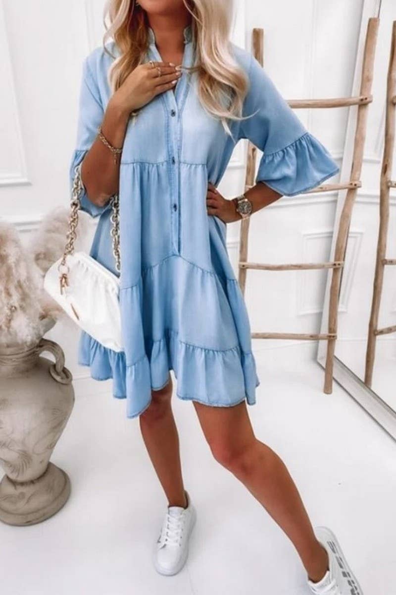 CWDSD6508_V-NECK HALF SLEEVE WASHED DENIM DRESS