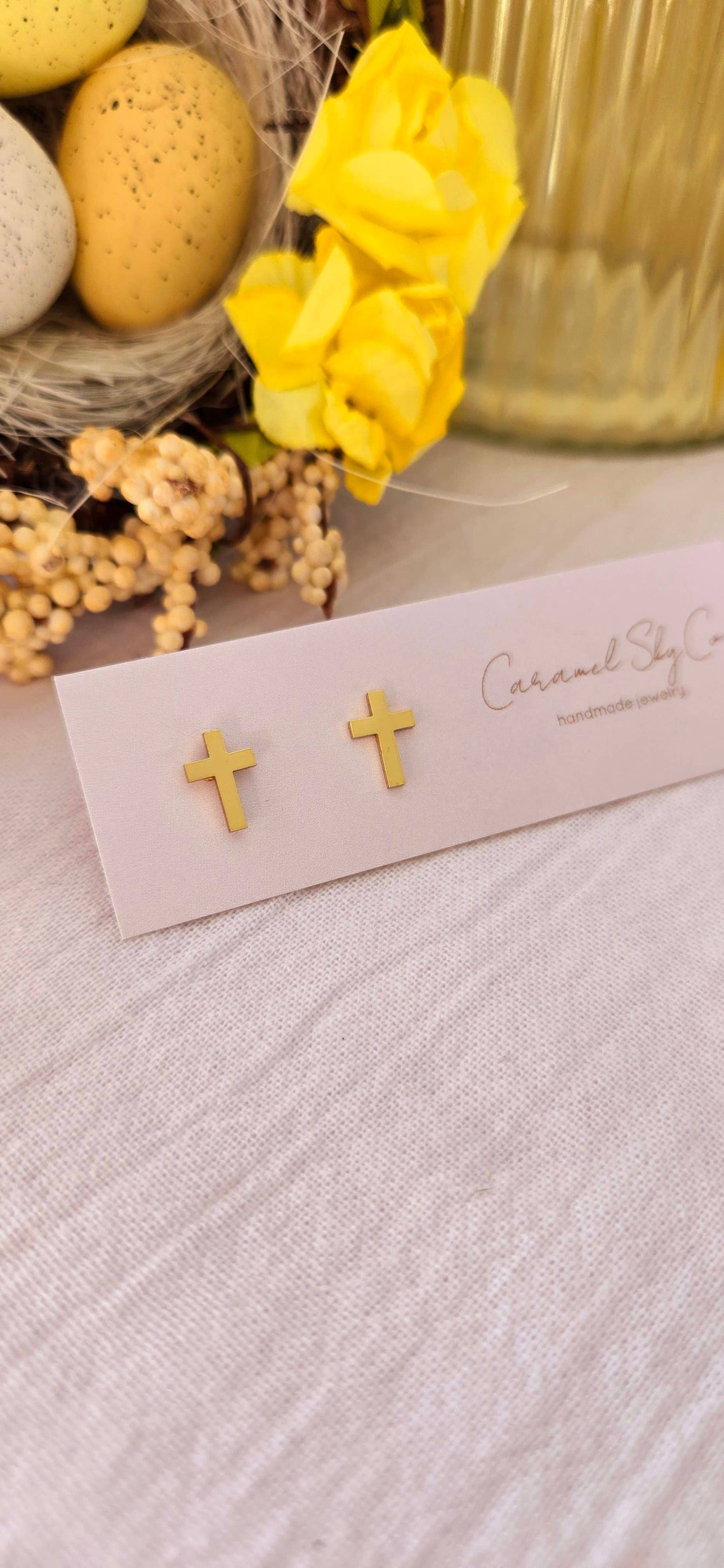 Minimalist Gold Cross Earrings, 18K Gold-Plated Studs