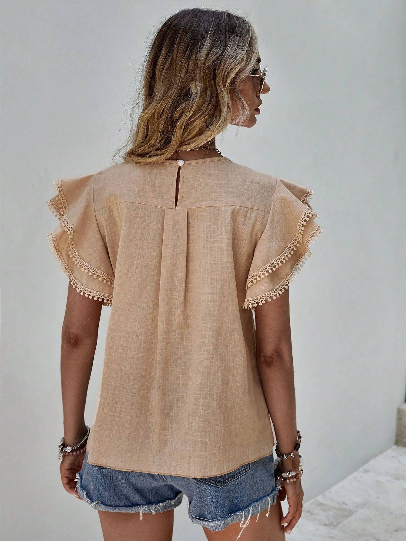 Women's Casual Ruffle Sleeve V-Neck Blouse Soft Cotton Pom Pom Trim Short Sleeve Top