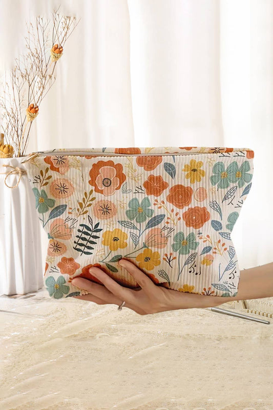 LDC Flower Print Zipper Corduroy Large Cosmetic Bag
