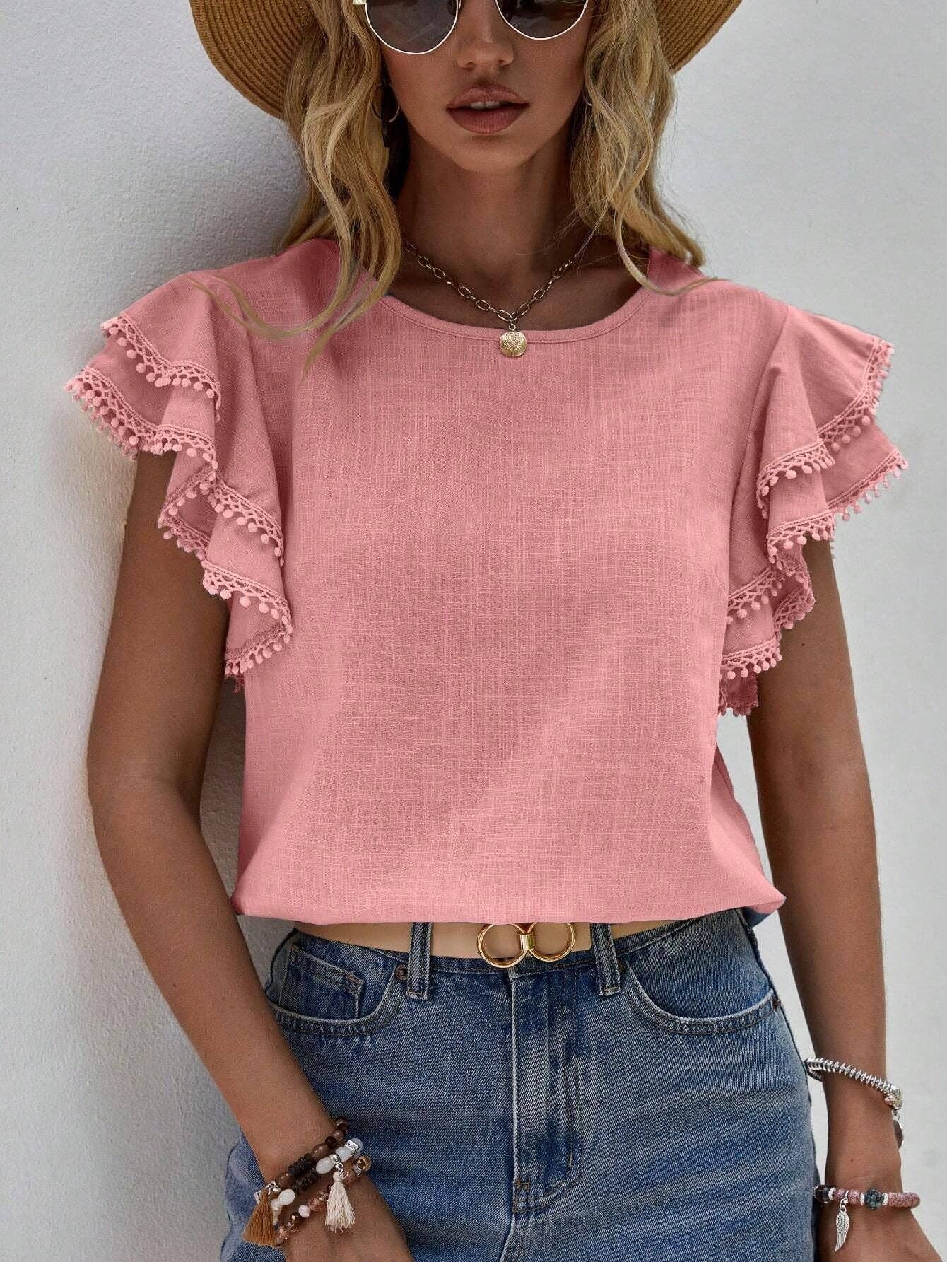 Women's Casual Ruffle Sleeve V-Neck Blouse Soft Cotton Pom Pom Trim Short Sleeve Top