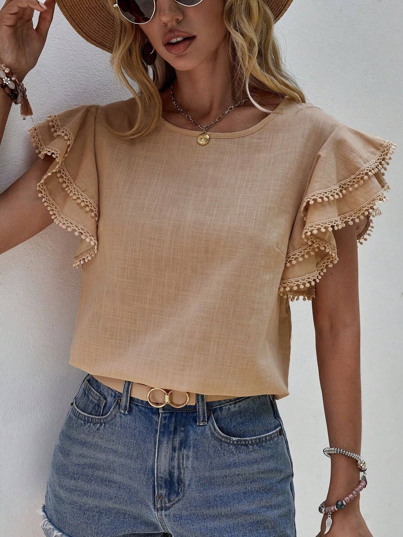 Women's Casual Ruffle Sleeve V-Neck Blouse Soft Cotton Pom Pom Trim Short Sleeve Top