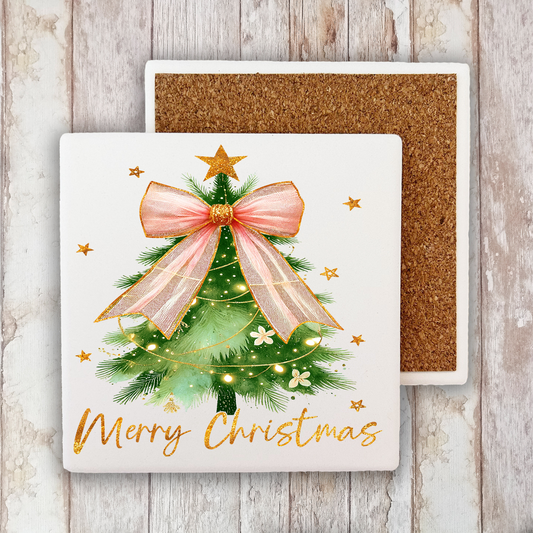 Merry Christmas tree Bow Gold  Stone Coaster