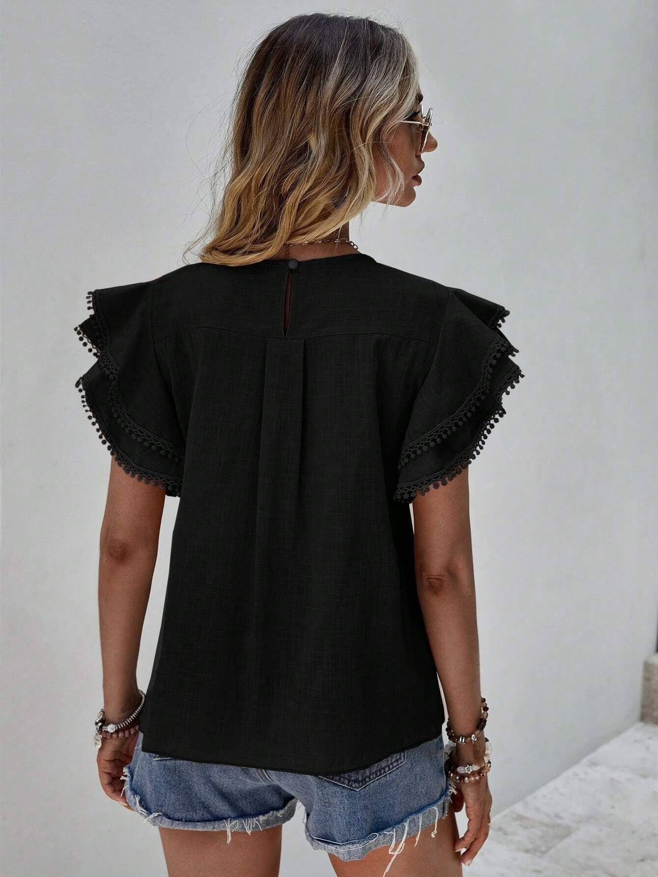 Women's Casual Ruffle Sleeve V-Neck Blouse Soft Cotton Pom Pom Trim Short Sleeve Top