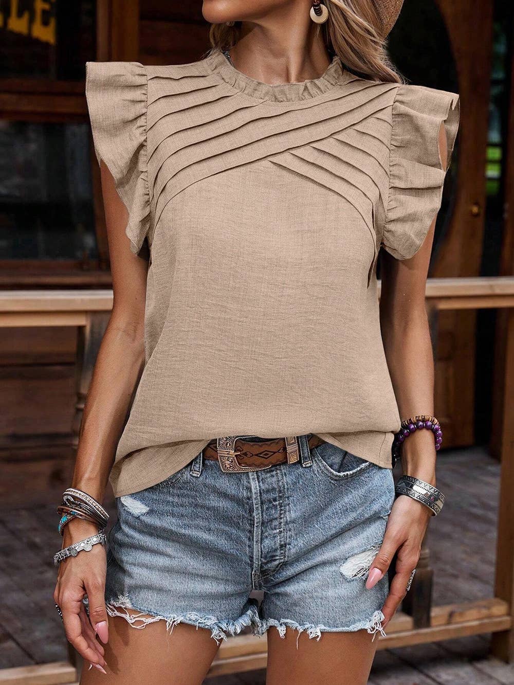 Crinkle Pleated Ruffle Mock Neck Top G6-TP81429