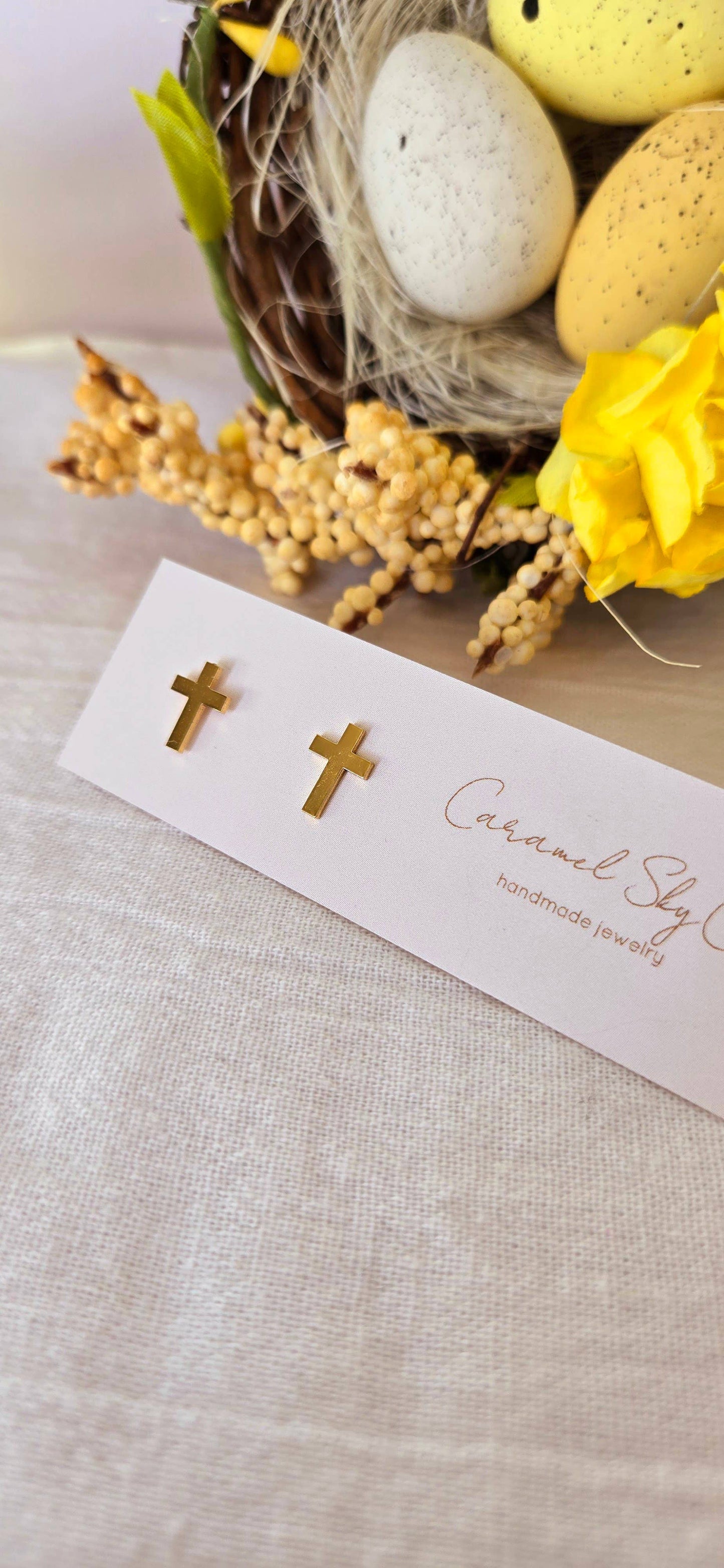 Minimalist Gold Cross Earrings, 18K Gold-Plated Studs