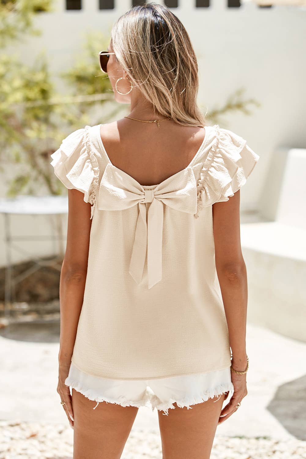 LDC Textured Bow Knot Frilled Butterfly Sleeve Blouse