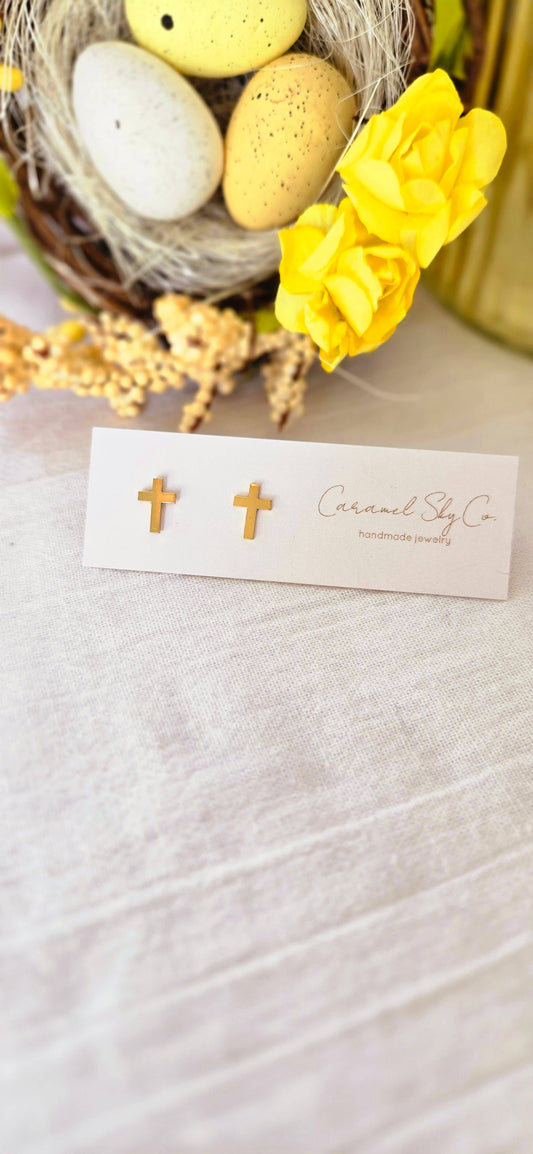 Minimalist Gold Cross Earrings, 18K Gold-Plated Studs