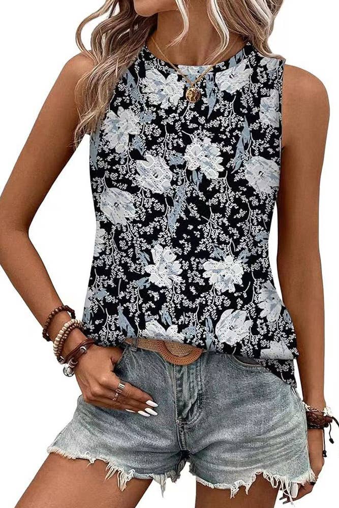 Solid Color Crew Neck Printed Tank Top HLL260