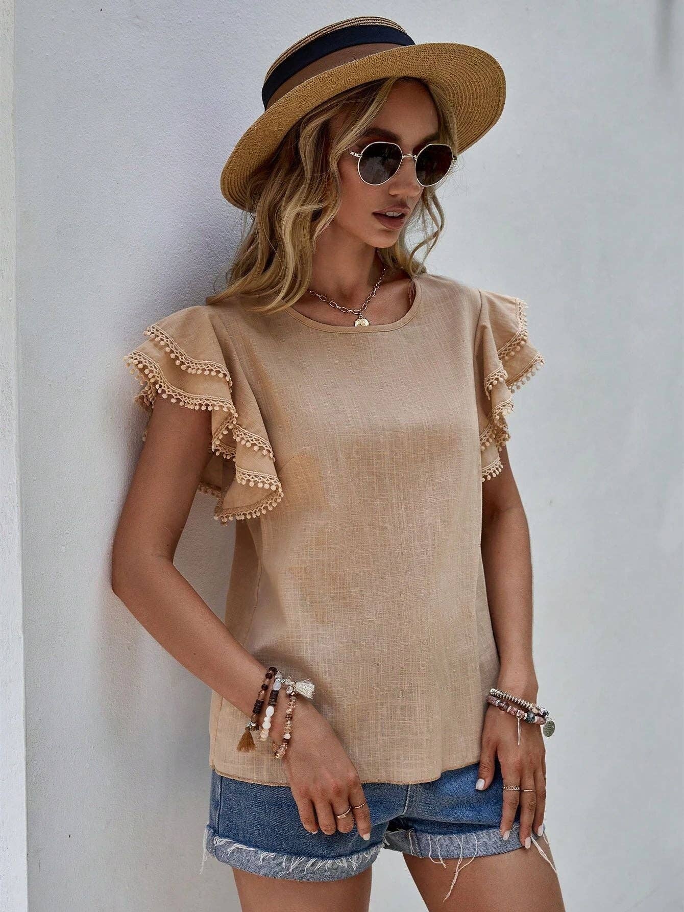 Women's Casual Ruffle Sleeve V-Neck Blouse Soft Cotton Pom Pom Trim Short Sleeve Top