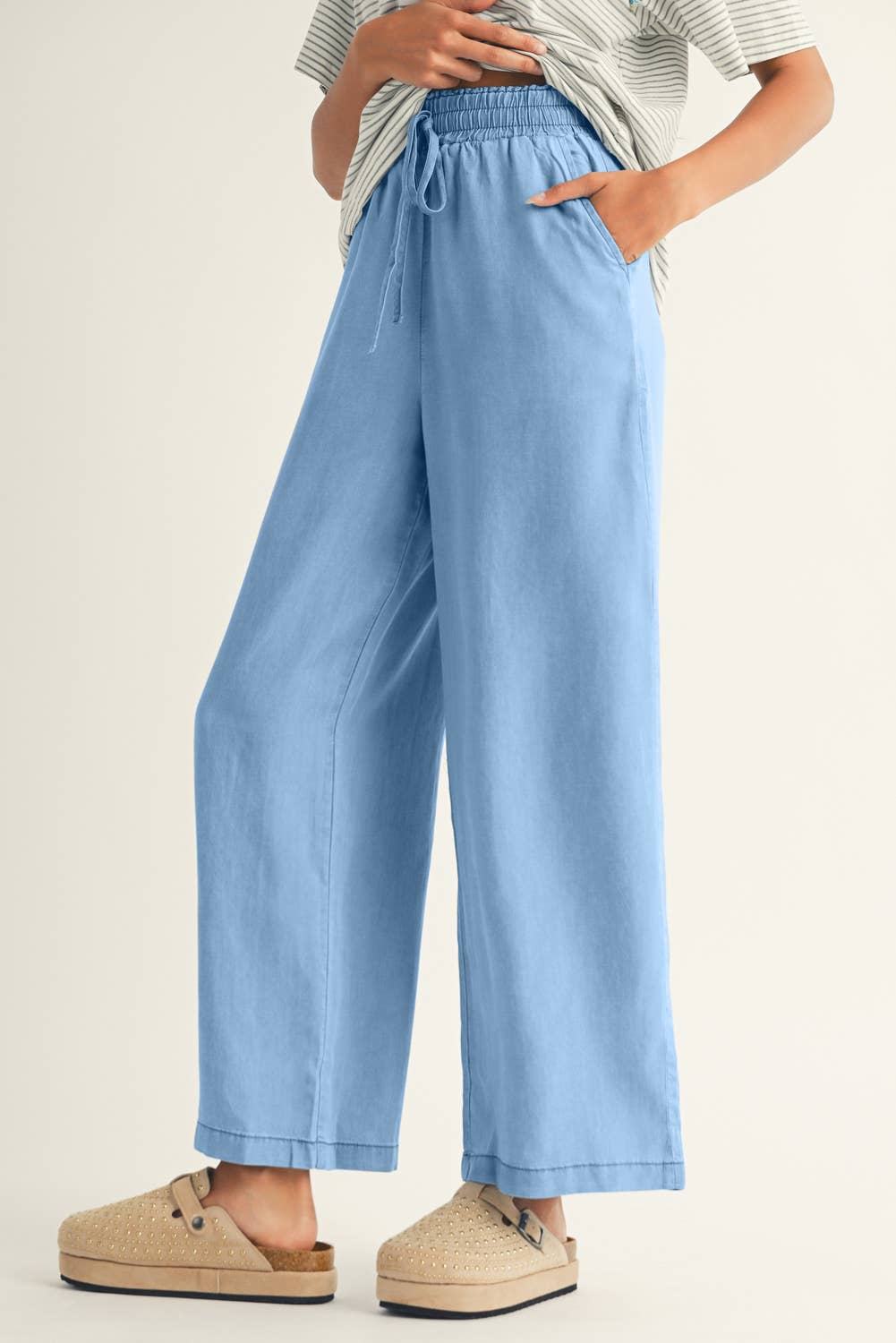 LDC Drawstring High Waist Wide Leg Denim Pants