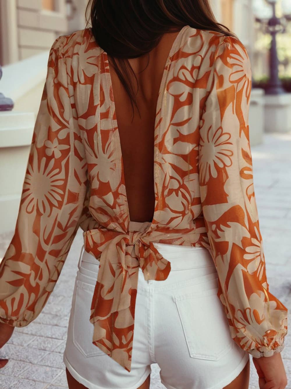 Floral Print Knotted Open Back Long Sleeve Blouse
