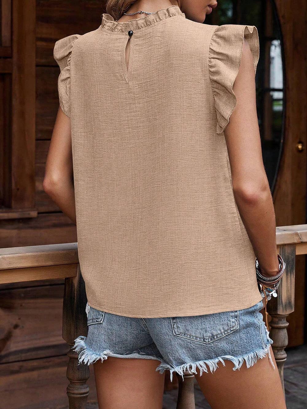 Crinkle Pleated Ruffle Mock Neck Top G6-TP81429