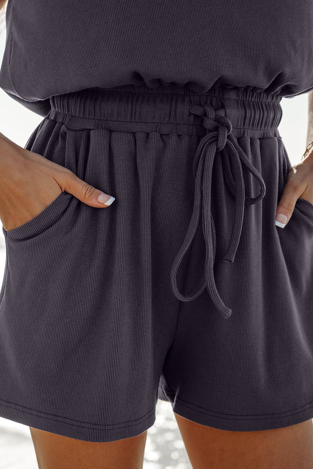 LDC Knit Open Back Cap Sleeve Drawstring Romper