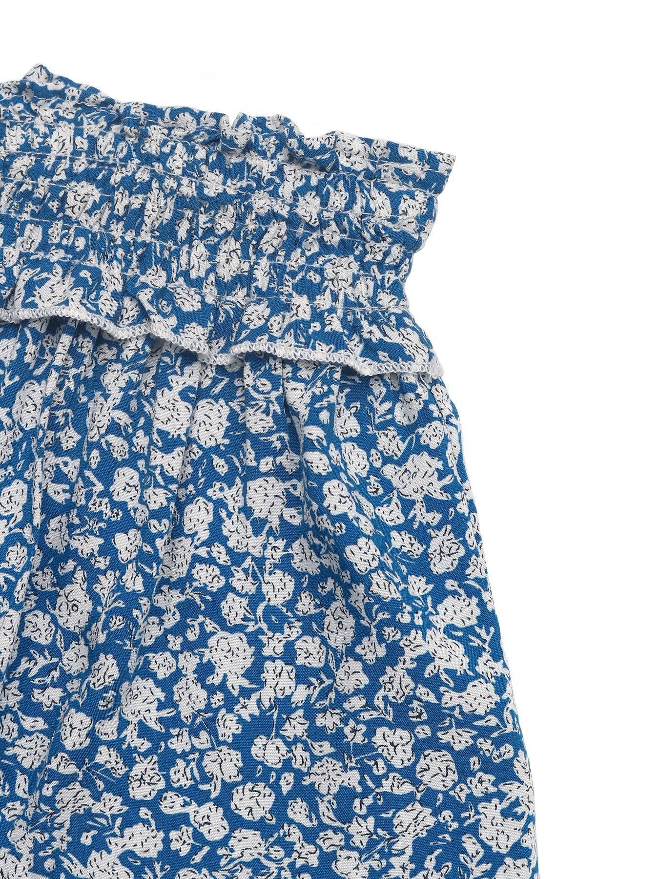 Blue Floral Tassel Tiered Mini Skirt with Drawstring