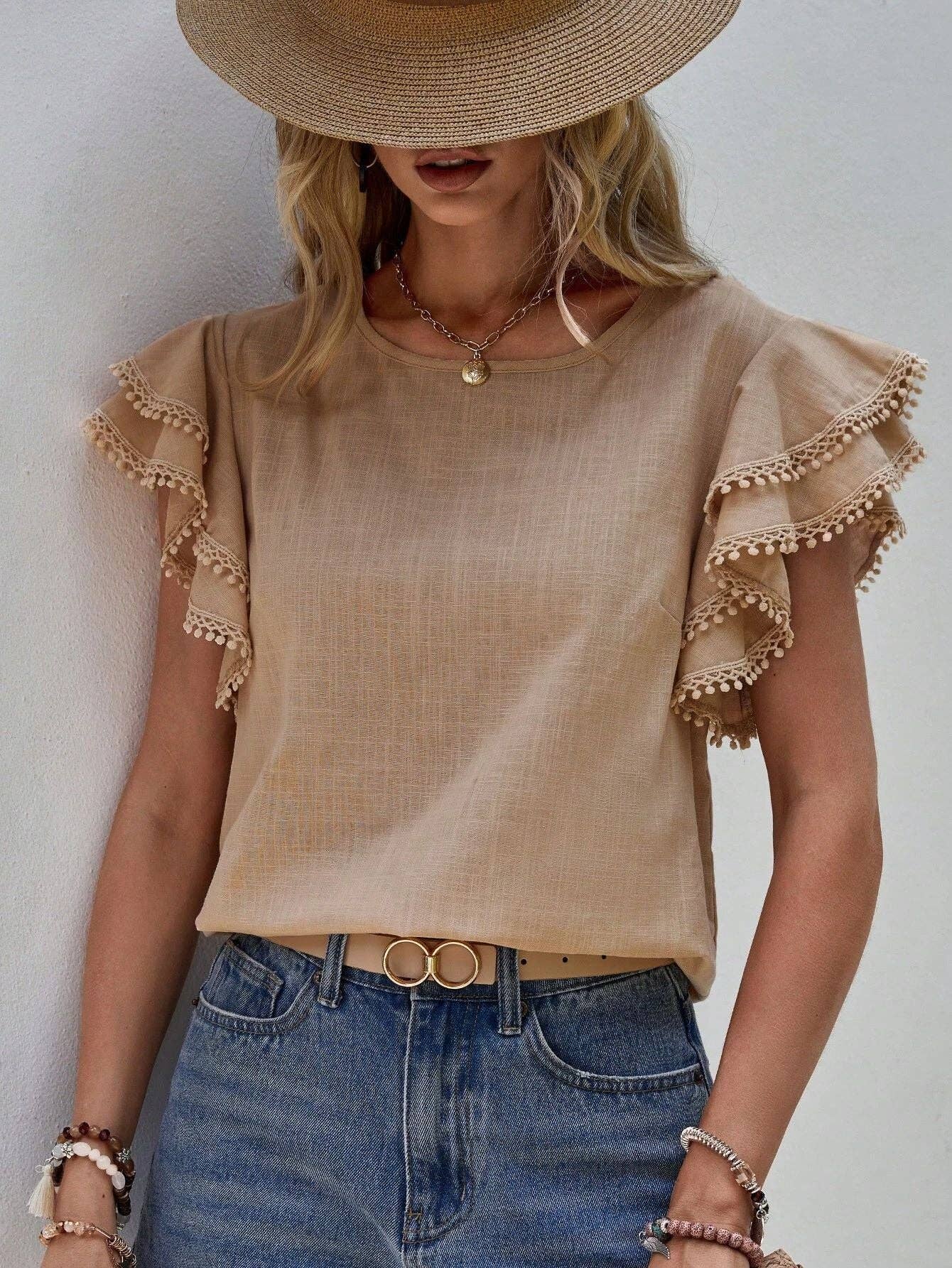 Women's Casual Ruffle Sleeve V-Neck Blouse Soft Cotton Pom Pom Trim Short Sleeve Top