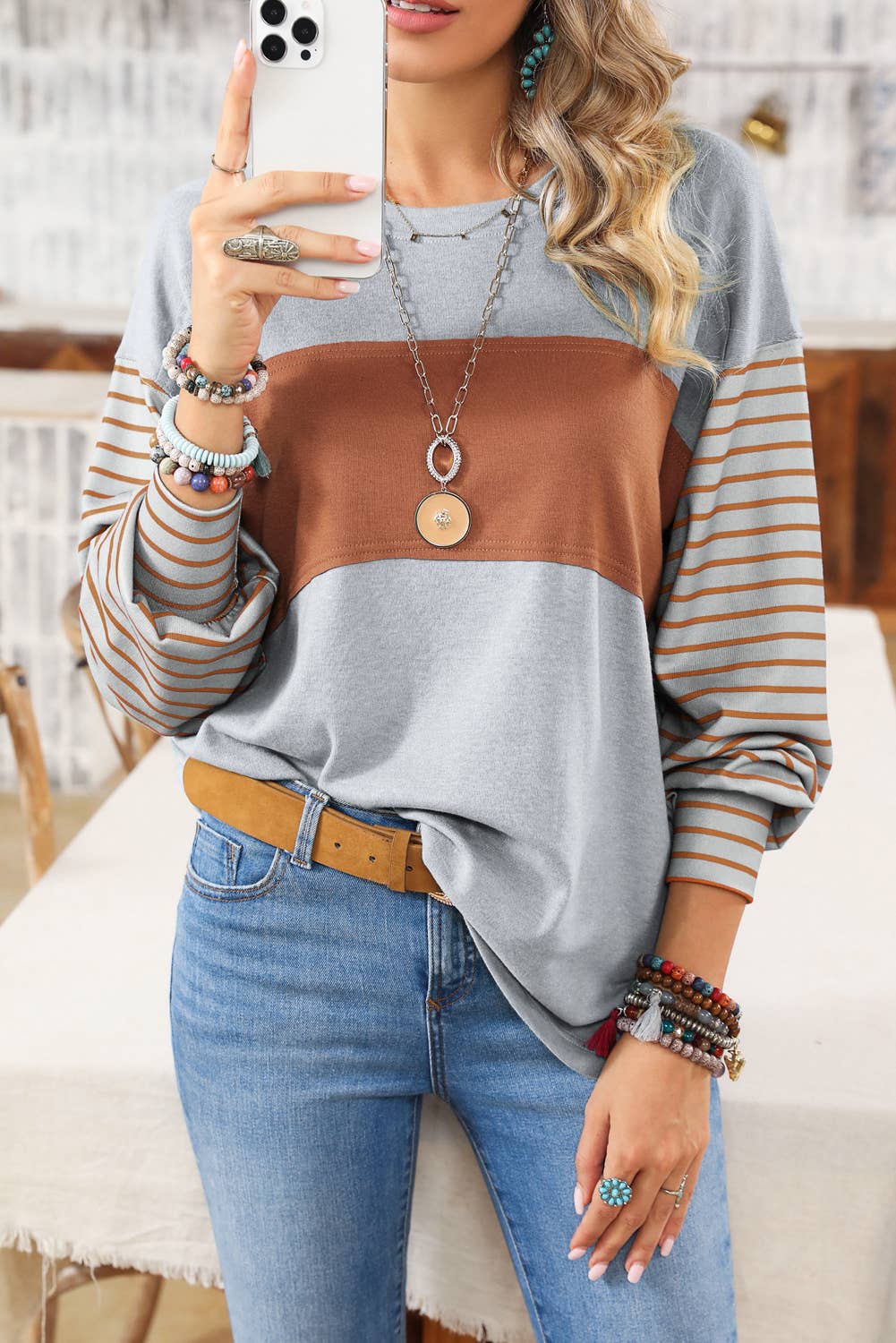 Colorblock Striped Bishop Sleeve Top - 4 Colors