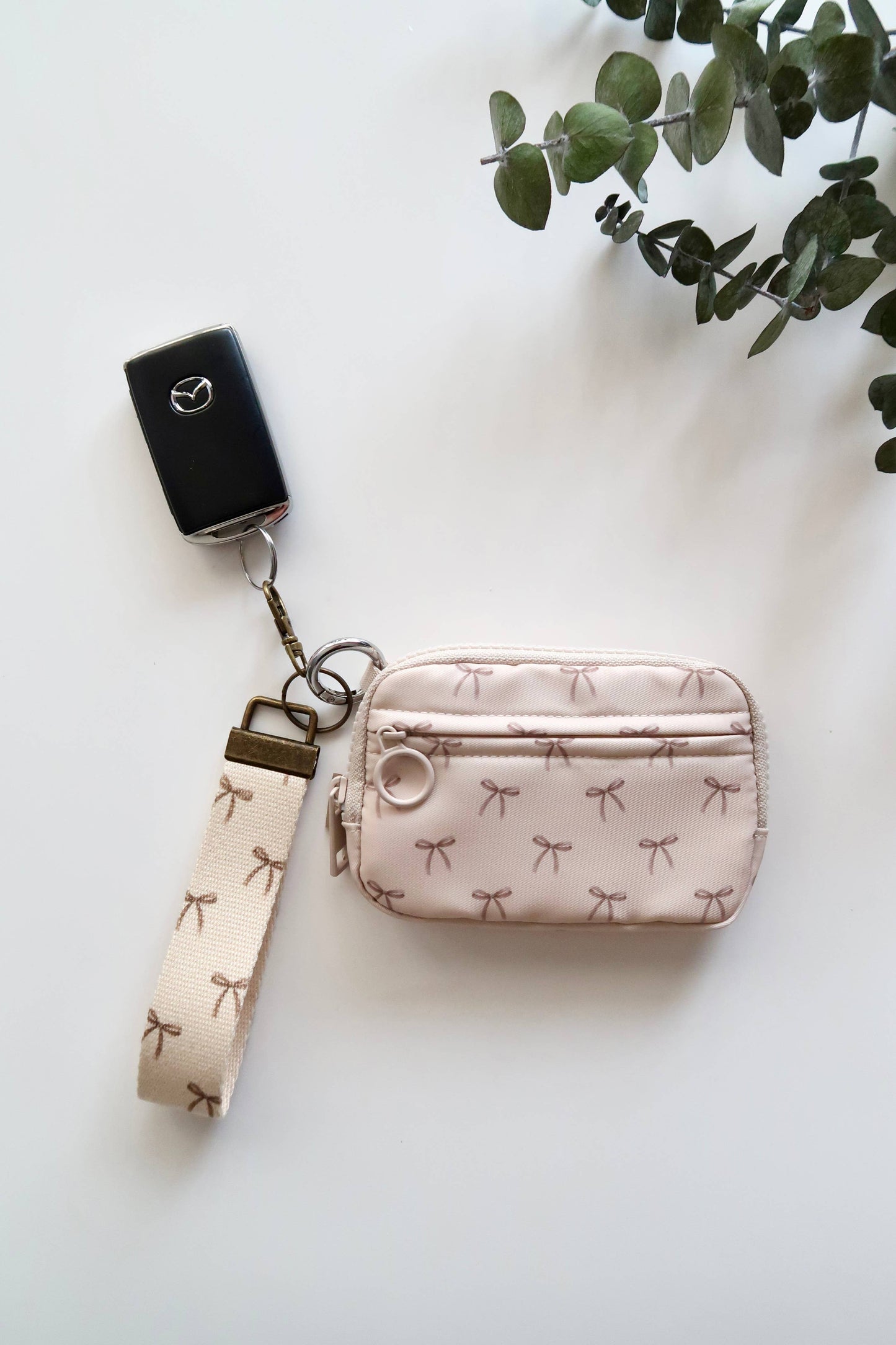 Bow Keychain Wallet with Wrist Lanyard, Compact Card Holder
