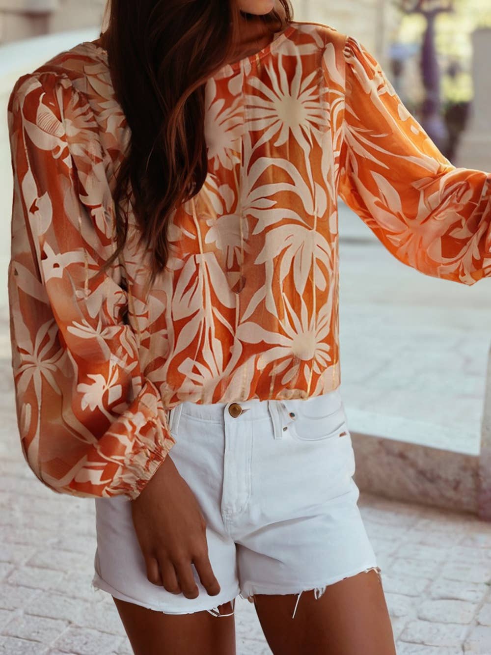 Floral Print Knotted Open Back Long Sleeve Blouse